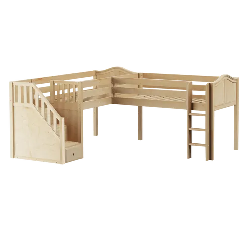 Solid Wood Corner Loft Bed w Vertical Ladder and Staircase - L - Modular Design