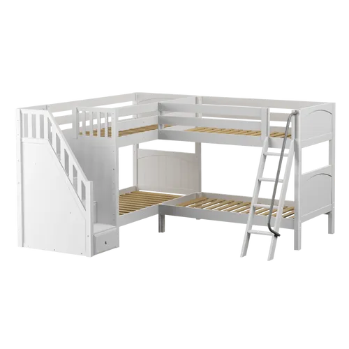 Solid Wood Corner Bunk Bed w Ladder and Staircase - L - Modular Design