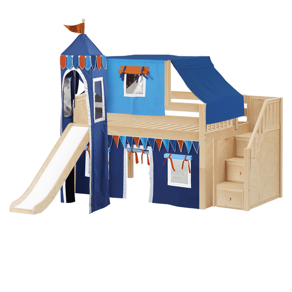 Solid hardwood loft bed with stairs and slide and curtains and tent and tower, maxtrix or maxwood furniture, by Bunk Beds Canada of Vancouver.